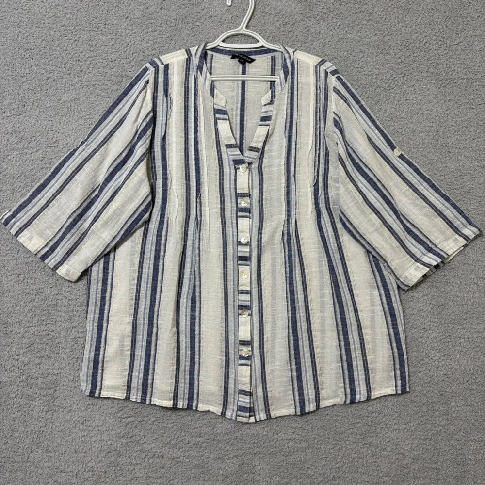 Comfortable Cotton Blend Blouse Roll Tab Sleeve Lightweight Blue Stripe 3X